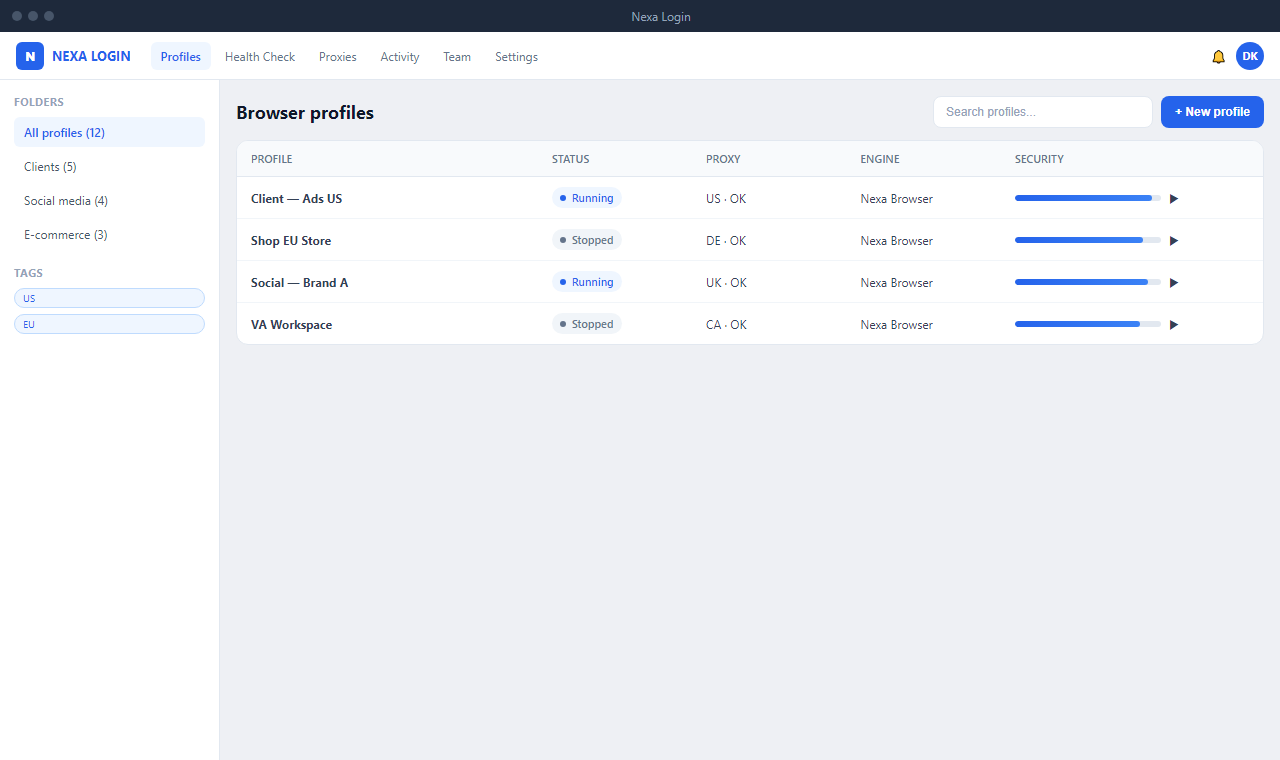 Nexa Login profiles dashboard
